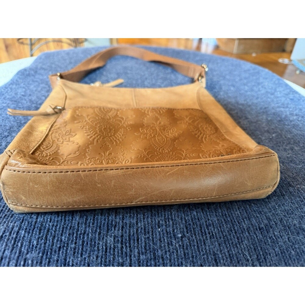 The Sak Iris Tan Brown Leather Tooled Embossed Adjustable Crossbody Shoulder Bag - Picture 9 of 13